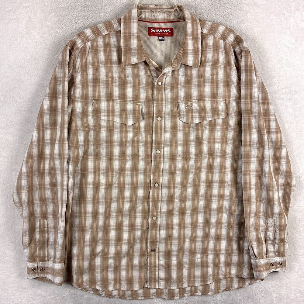 Simms Shirt Mens XXL Brown Plaid Big Sky Vented Pearl Snap Performance Fishing